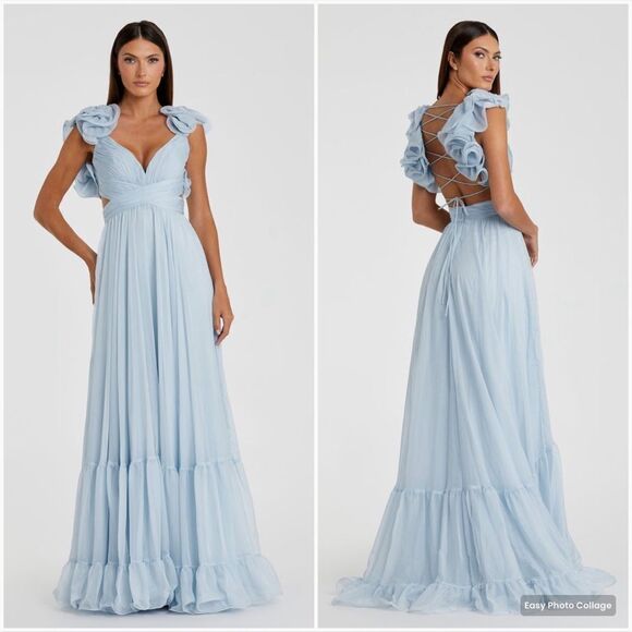 NWT Mac Duggal 67911 Ruffled Tiered Cut Out Chiffon Gown Dress Blue 2